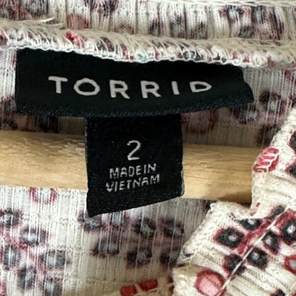 Torrid Textured Jersey Choker Smocked Top Womens 2X Cream Floral Peasant Prairie - Picture 7 of 9